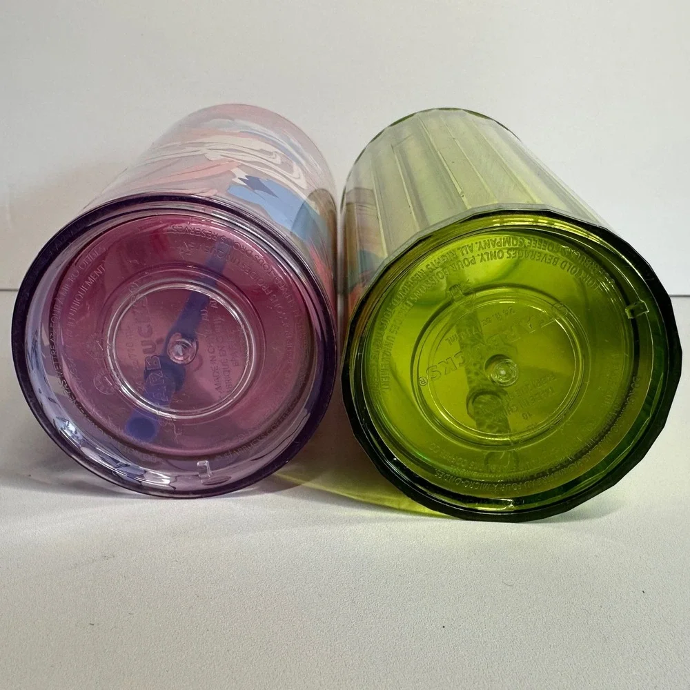 Starbucks Tumbler Set 24oz Floral Purple & Iridescent Lime Green Excellent Venti